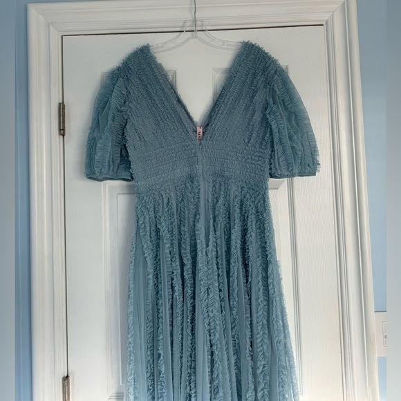 MAC DUGGAL | V Neck Puff Sleeve Ruffle Tiered A Line Gown - Picture 9 of 14